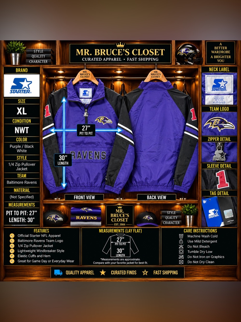 STARTER Purple and Black Baltimore Ravens Pullover Windbreaker Jacket